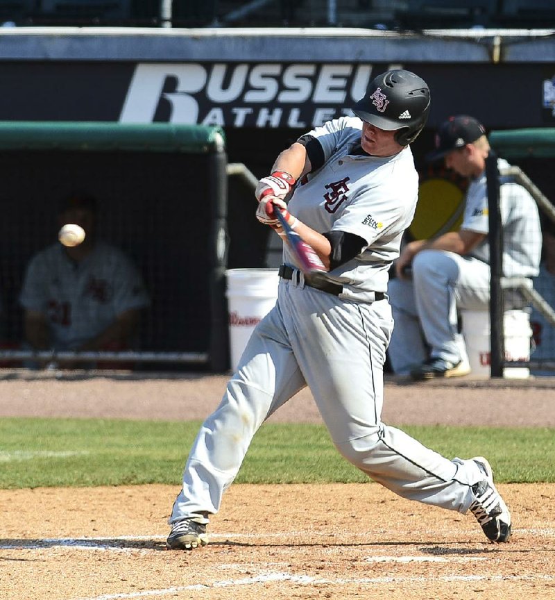 Arkansas State catcher Ryan Roberts hit a home run off Troy pitcher Ryan Brady in the fourth inning of Friday’s 8-3 loss to the Trojans at the Sun Belt Conference Tournament in Bowling Green, Ky. 
