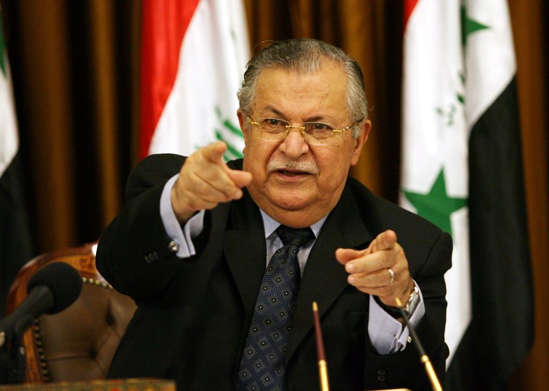 Iraq's President Jalal Talabani talks to reporters in Baghdad, in this Aug. 17, 2007, file photo. 