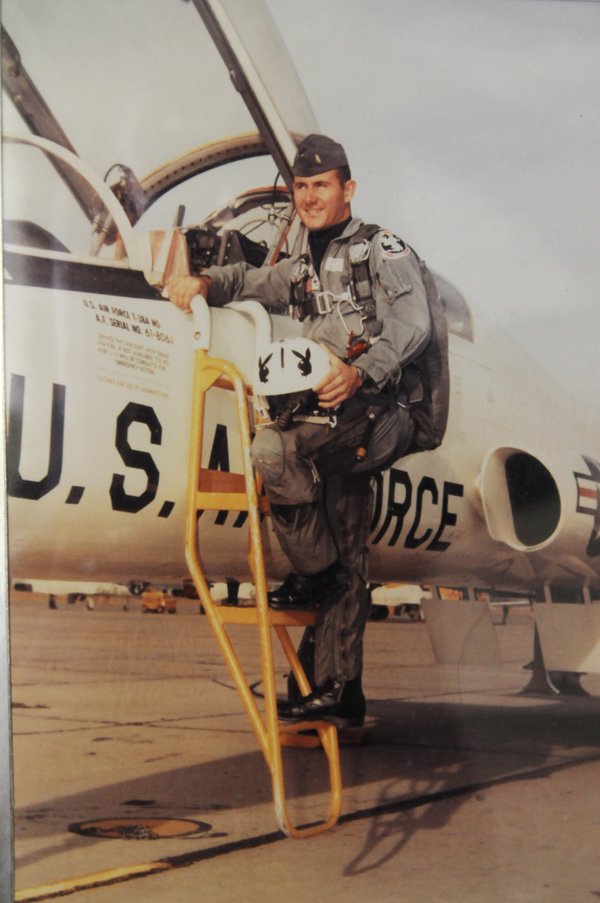 Capt. Virgil Kersh Meroney III’s pilot training graduation photo taken next to a Northrop T-38 Talon training jet. 