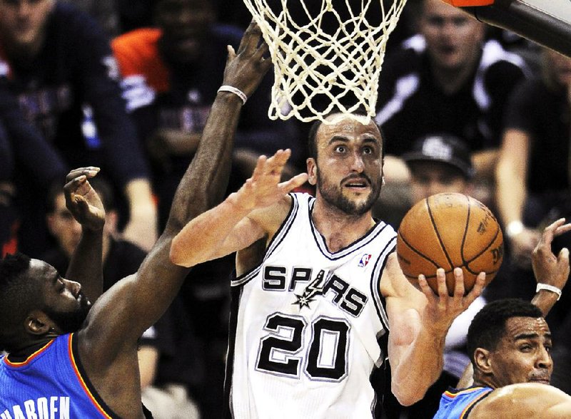 San Antonio shooting guard Manu Ginobili scored 26 points to lead the Spurs to a 101-98 victory over the Oklahoma City Thunder on Sunday to take a 1-0 series lead in the Western Conference finals in San Antonio. 