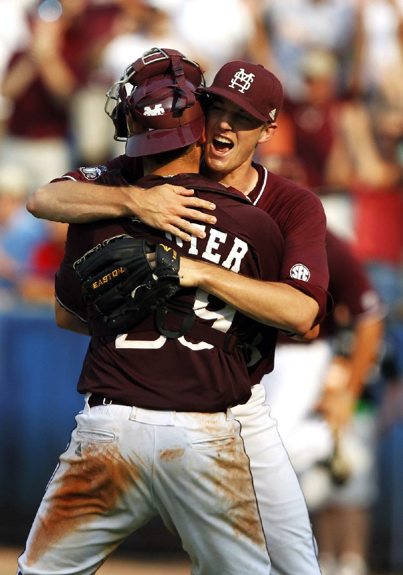 Mississippi State staff ace Chris Stratton celebrates after coming into the game to record the final out against Vanderbilt in a 3-0 victory in the championship game of the SEC Tournament on Sunday. The Bulldogs won their first SEC Tournament title since 2005. 