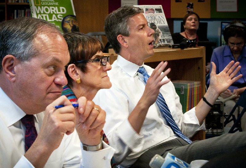 New Haven, Conn., Mayor John DeStefano (from left), U.S. Rep. Rosa DeLauro, and U.S. Education Secretary Arne Duncan participate in a round-table discussion on education Tuesday in New Haven. 