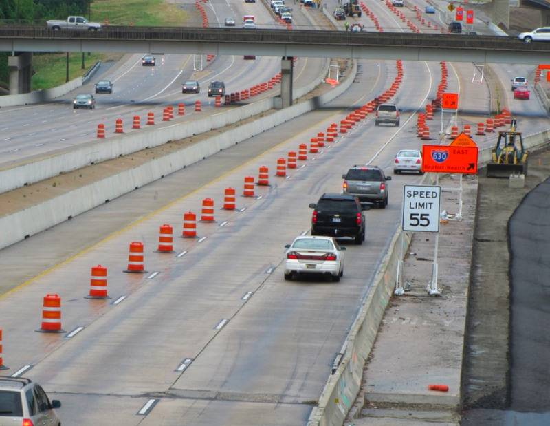 Vehicles drive along southbound I-430 Wednesday morning approaching the area where the highway narrows to a single lane.
