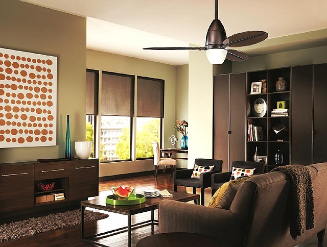 Rubbed bronze, such as the finish on The Riggs fan from Kichler Lighting, is popular, but it’s slowly giving way to light and shiny polished chrome. 