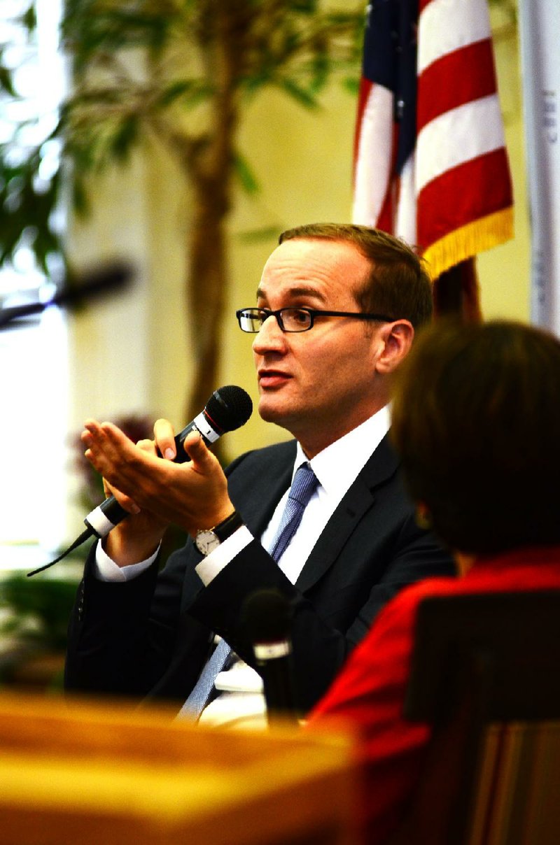 Chad Griffin, new president of the Washington, D.C.-based Human Rights Campaign, discusses human and gay rights Monday at the Clinton School of Public Service in Little Rock. 