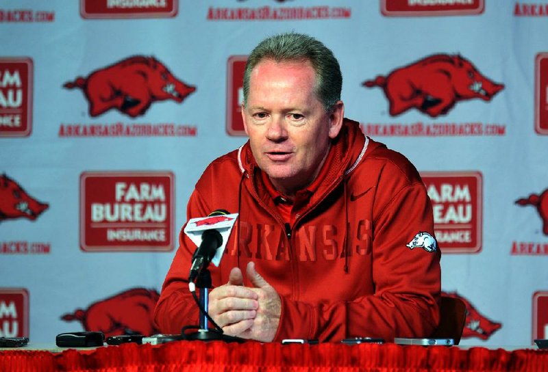 Arkansas Democrat-Gazette/MICHAEL WOODS  --03/13/2012--  University of Arkansas coach Bobby Petrino talks to reporters about the forthcoming spring practice during a news conference Tuesday afternoon at the University of Arkansas.