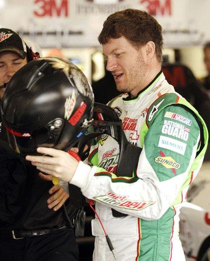 Driver Dale Earnhardt Jr. prepares for practice laps for Sunday's NASCAR Toyota/Save Mart 350 auto race Friday, June 22, 2012, in Sonoma, Calif. (AP Photo/Ben Margot)