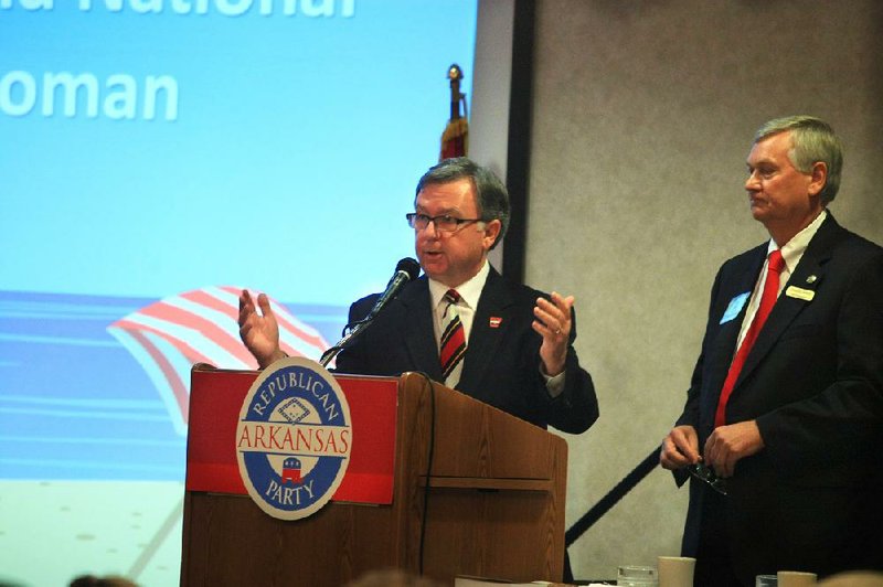 Arkansas Democrat-Gazzette/RICK MCFARLAND --06/23/12-- Doyle Webb (left), chairman of the state Republican Party, and State Rep. Jonathan Barnett field questions during the party's delegate selection in Little Rock Saturday for the Republican National Convention to be held in Tampa, Fla.