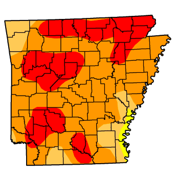 This map provided by the National Weather Service shows drought conditions across the state. Extreme drought levels are shown in red while severe drought is orange.