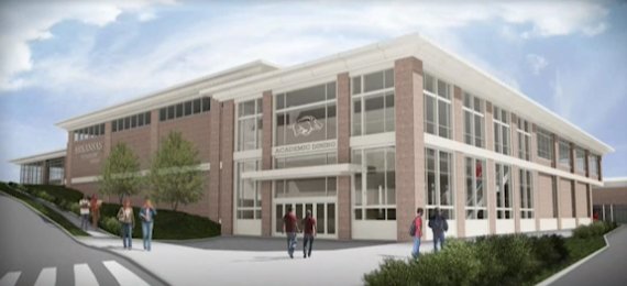 An artist's rendering shows a proposed academic center and dining hall for athletes on the University of Arkansas campus. 