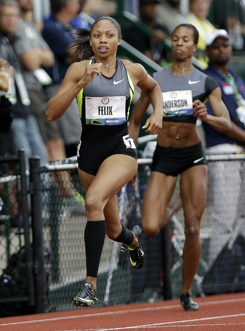 Allyson Felix competes in Friday’s semifinals of the 200 meters at the U.S. Olympic Track and Field Trials in Eugene, Ore. While most of the attention in today’s 200-meter final will be on Felix and Jeneba Tarmoh, they will face stiff competition in Sanya Richards-Ross, who turned in the top time of 22.15 seconds in the semifinals. 