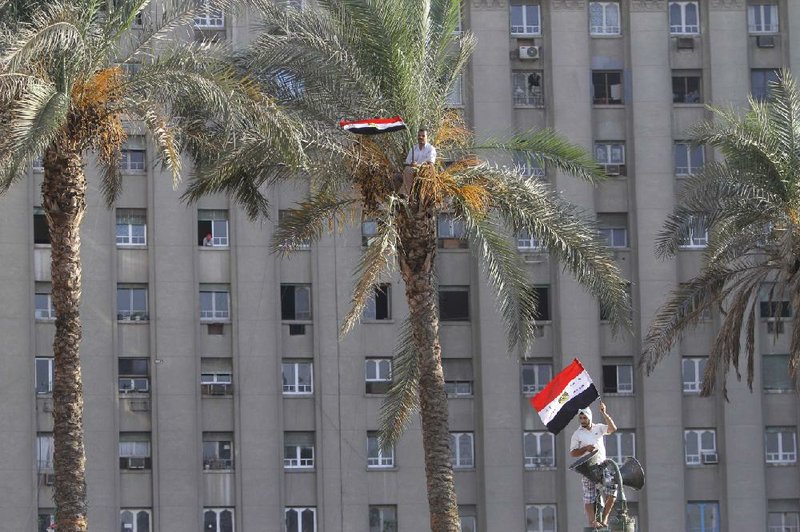 Egyptians climb a palm tree and a light pole to watch Egypt’s President-elect Mohammed Morsi at Tahrir Square in Cairo during his speech Friday. 