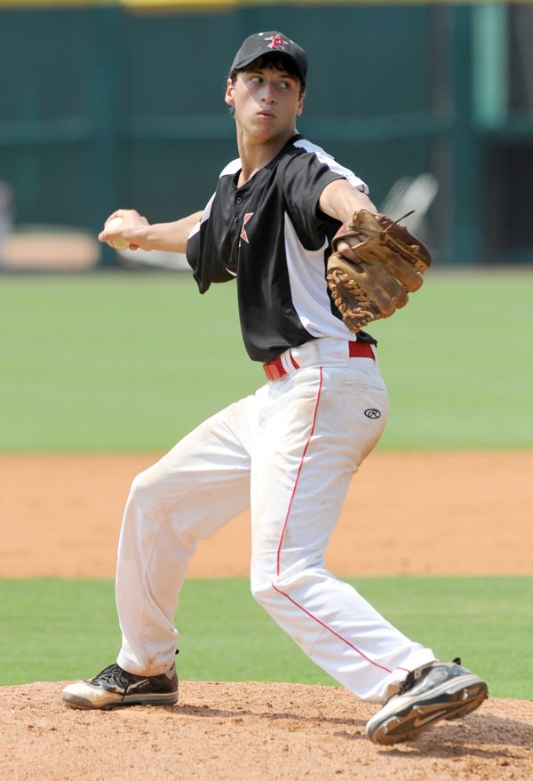 Preston Oberling, Rawlings Prospects Black, delivers a pitch Saturday at Baum Stadium in Fayetteville. 