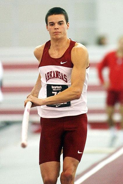 Arkansas Democrat-Gazette/WILLIAM MOORE
Arkansas' Gunnar Nixon competes in the pole vault park of the men's heptathlon during the Razorback Invitational Saturday, January 28, 2011 at Randal Tyson Track Complex in Fayetteville.