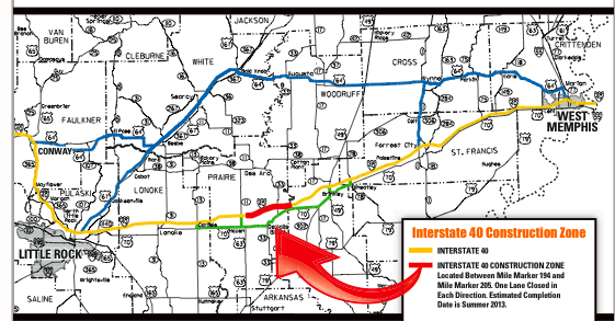 This graphic provided by the Arkansas State Highway and Transportation Department shows in red an I-40 construction zone that is slowing traffic between Memphis and Little Rock. In green and blue are suggested alternate routes to avoid the work zone.