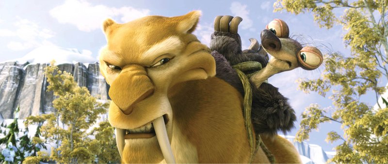 Saber-toothed tiger Diego (voice of Denis Leary) and Sid the Sloth (voice of John Leguizamo) find their world split apart in Ice Age: Continental Drift. 