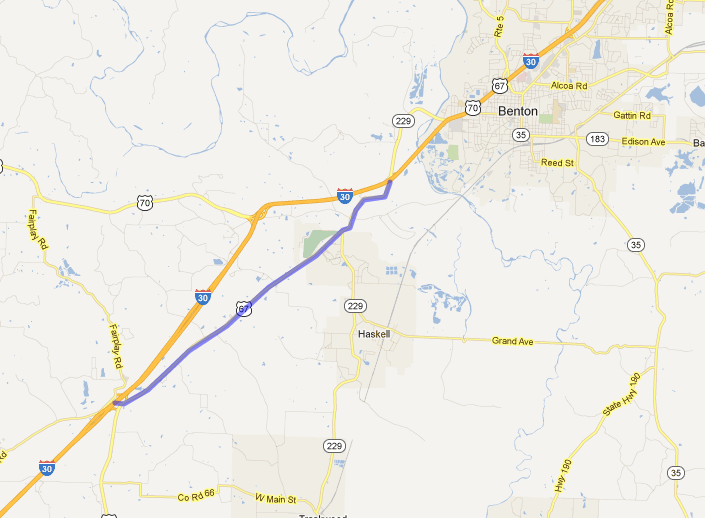 This Google Map shows in blue a detour that had been in place Wednesday morning to Highway 67 from Interstate 30. All lanes of the westbound interstate have since reopened after being closed while crews cleaned up an accident.