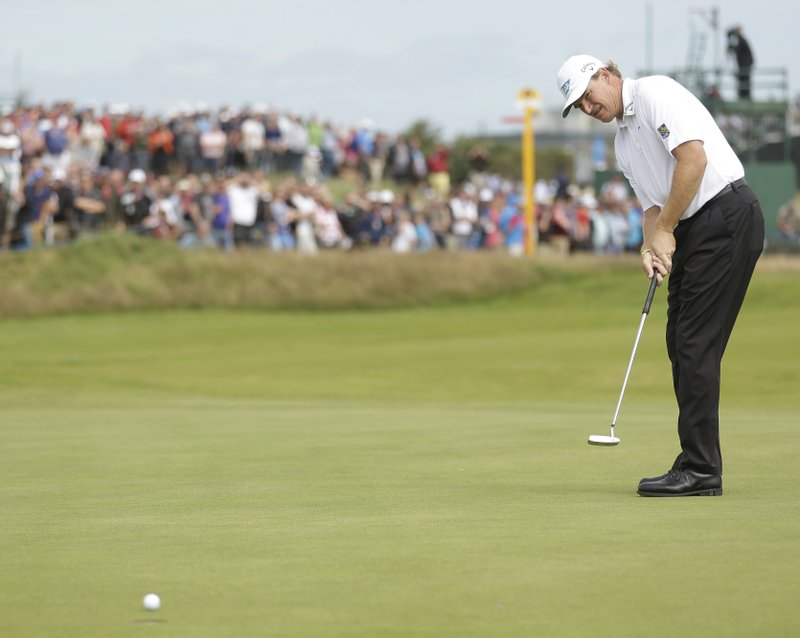 Ernie Els of South Africa misses a putt on the fourth green at Royal Lytham & St Annes golf club during the final round of the British Open Golf Championship, Lytham St Annes, England Sunday, July 22, 2012.