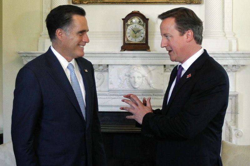 Republican presidential candidate former Massachusetts Gov. Mitt Romney meets with British Prime Minister David Cameron on Thursday, July 26, 2012, at 10 Downing Street in London.