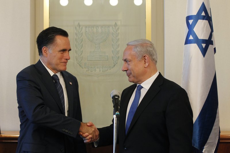 Republican presidential candidate and former Massachusetts Gov. Mitt Romney meets with Israel's Prime Minister Benjamin Netanyahu, in Jerusalem, Sunday, July 29, 2012. 