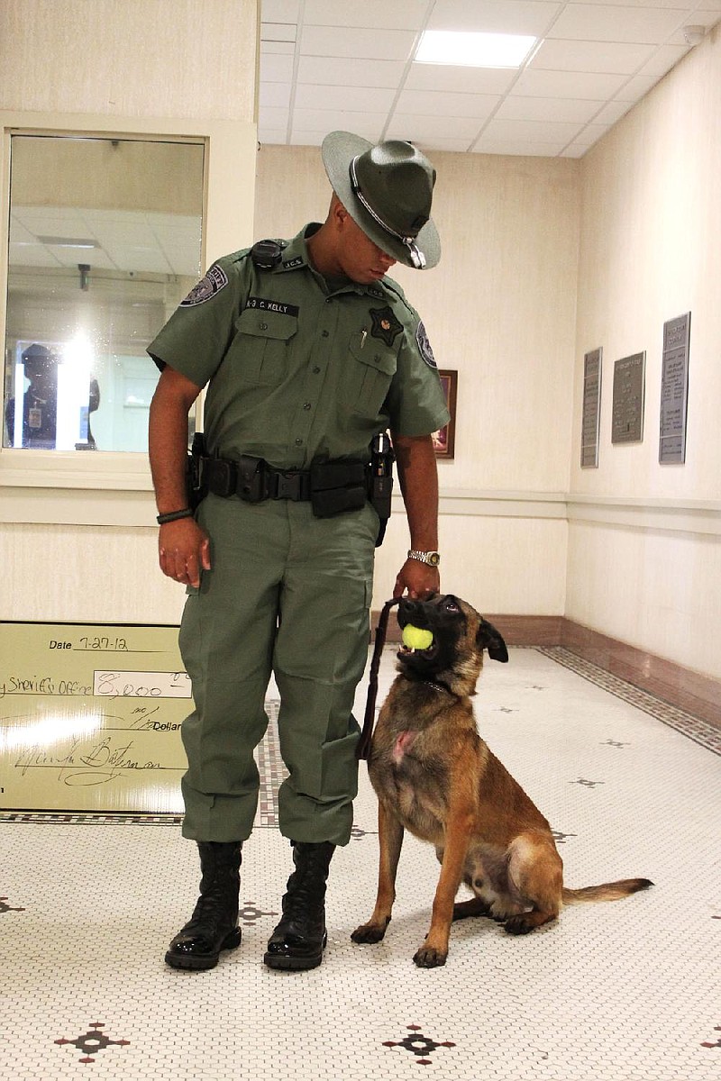 Jefferson County Sheriff’s Deputy Courtney Kelly and his K-9 partner Andor take part in a public event Friday introducing the department’s newest member. 