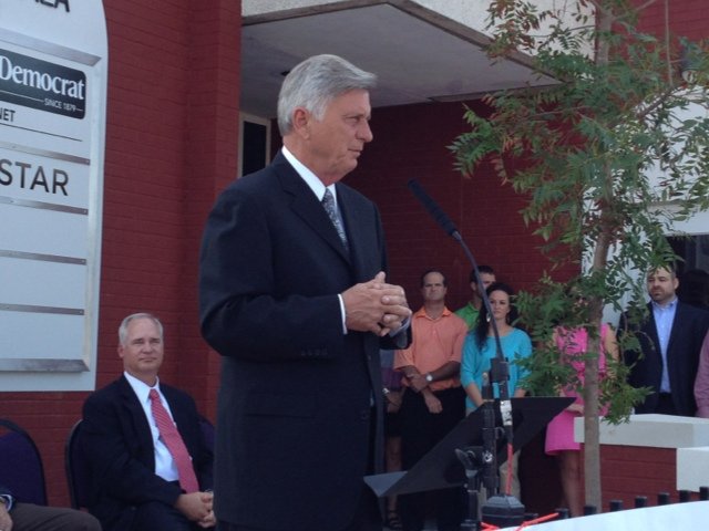 Arkansas Governor Mike Beebe speaks at a Monday morning press conference announcing the expansion of PrivacyStar, the smartphone privacy-based company, will expand it's corporate headquarters into Conway, creating 121 new jobs.