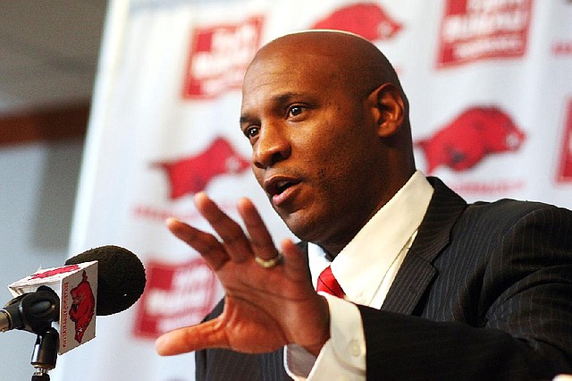 Arkansas Democrat-Gazette/WILLIAM MOORE
Paul Haynes speaks during a press conference after accepting the job as defensive coordinator for the Arkansas Razorback football team Monday, December 12, 2011 at the Broyles Center in Fayetteville.