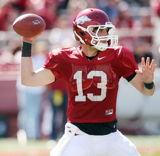 Arkansas Democrat-Gazette/WILLIAM MOORE -- Arkansas' Brandon Allen throws a touchdown during the annual Red-White game Saturday, April 21, 2012 at Razorback Stadium in Fayetteville. 