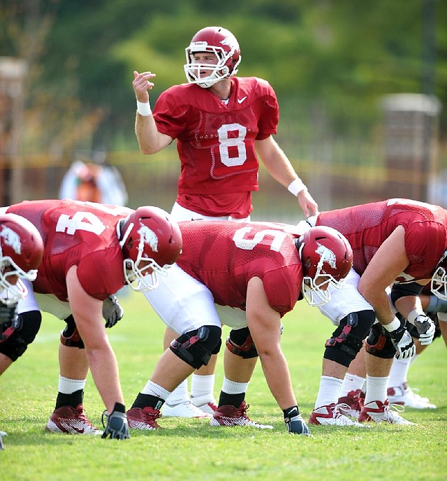 University of Arkansas quarterback Tyler Wilson completed 14 of 15 passes during the skeleton session in Sunday’s practice. The full team took part in Sunday morning’s practice after the newcomers had been separated out earlier in the week. 