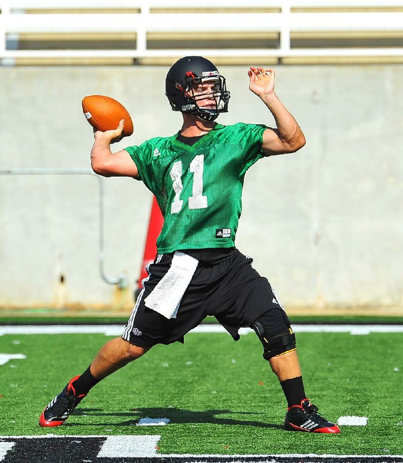 Arkansas State quarterback Phillip Butterfield is one of three quarterbacks contending for the No. 2 spot behind starter Ryan Aplin. Butterfield, a redshirt junior, is the most experienced, with 268 yards in spot play last season. 