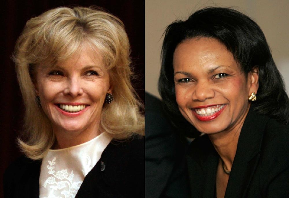 FILE - At left, in a March 24, 2011 file photo, Darla Moore speaks to students at the University of South Carolina in Columbia, S.C. At right, in a Jan. 24, 2008 file photo, U.S. Secretary of State Condoleeza Rice smiles during a meeting with trade union leaders in Medellin, Colombia. For the first time in it's 80-year history, Augusta National Golf Club has female members. The home of the Masters, under increasing criticism the last decade because of its all-male membership, invited former Secretary of State Rice and South Carolina financier Moore to become the first women in green jackets when the club opens for a new season in October. (AP Photo/File)