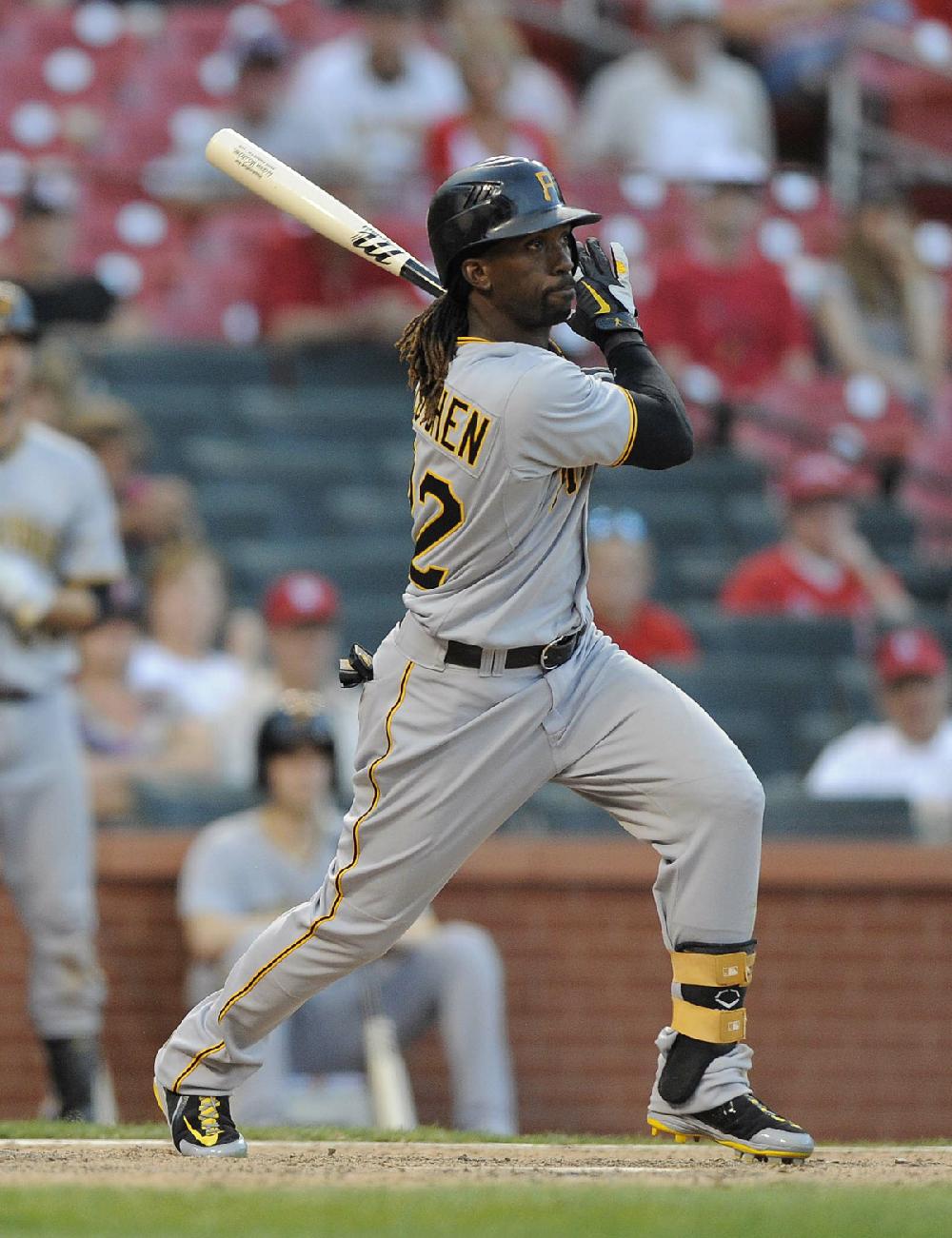 Pittsburgh Pirates' Andrew McCutchen hits a two-run single during the 19th inning of a baseball game against the St. Louis Cardinals, Sunday, Aug. 19, 2012, in St. Louis. The Pirates won 6-3 in 19 innings. (AP Photo/Jeff Curry)