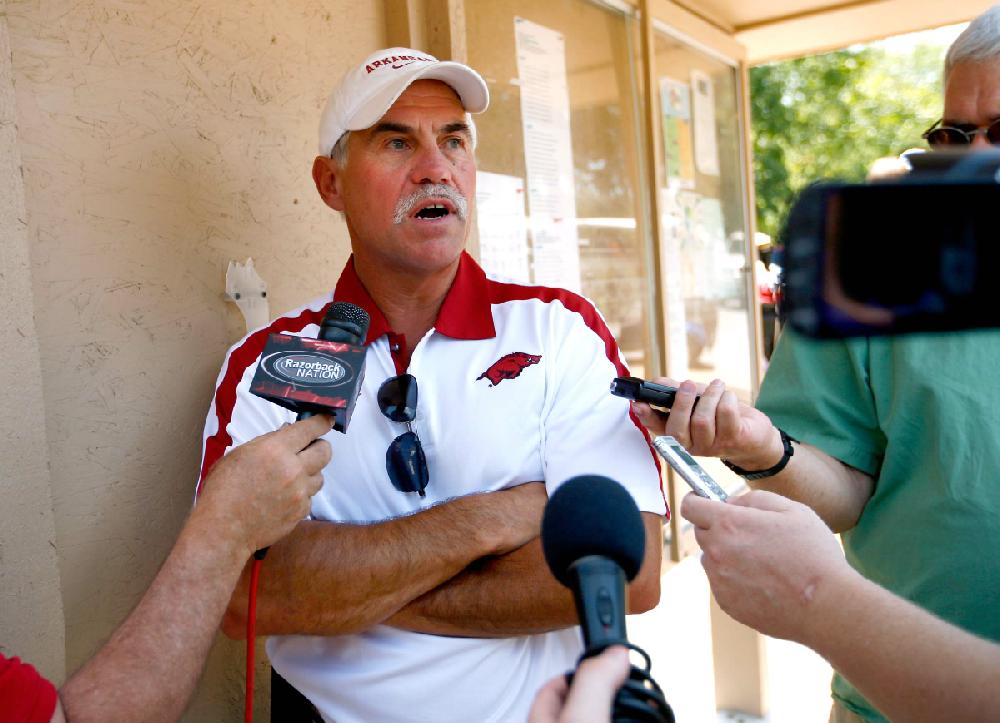 Arkansas Democrat-Gazette/JASON IVESTER --07/13/12--
University of Arkansas football assistant coach Steve Caldwell speaks to members of the media at the Razorback Club Golf Tournament in Bella Vista on Friday, July 13, 2012.