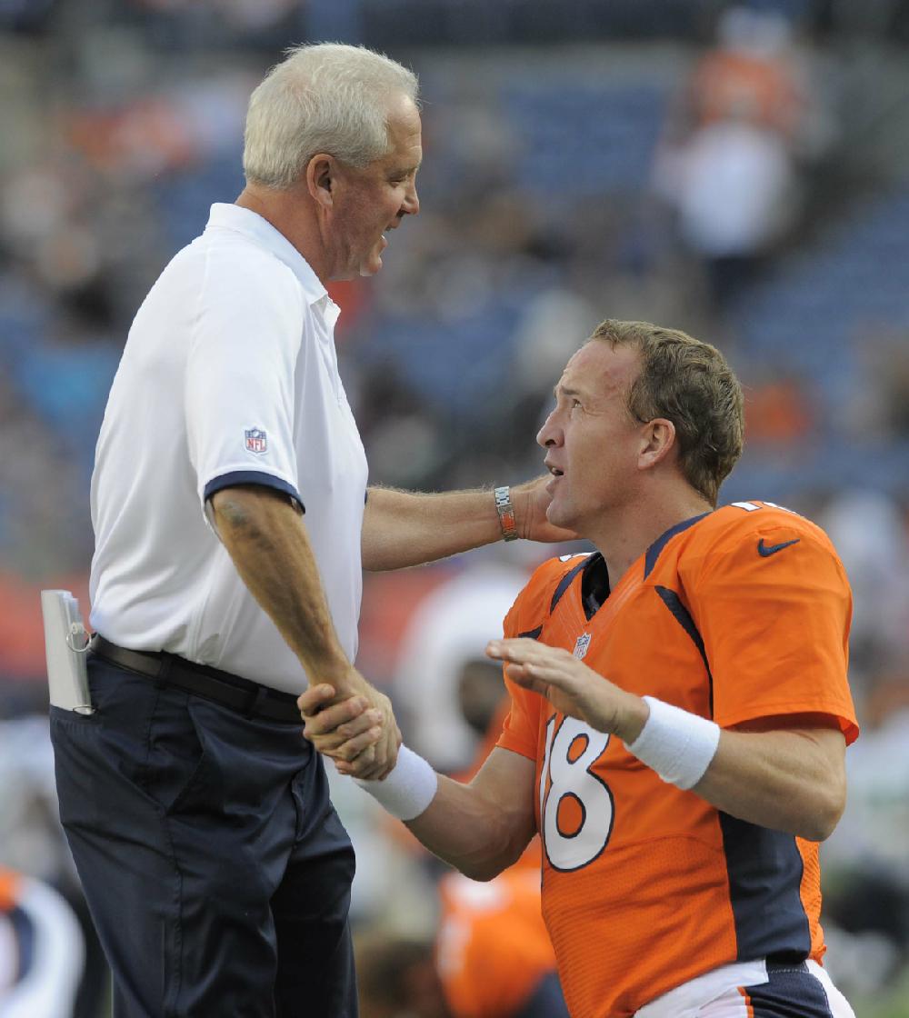 Denver Broncos head coach John Fox shakes hands with Peyton Manning (18) during warm ups before the start of an NFL football preseason game against the Seattle Seahawks, Saturday, Aug. 18, 2012, in Denver. (AP Photo/Jack Dempsey)