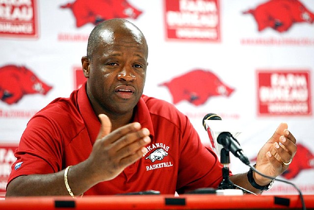 Arkansas Coach Mike Anderson, shown before a practice at Walton Arena in Fayetteville last month, said Tuesday that junior forward Coty Clarke reminds him of former Razorbacks forward Lenzie Howell. Video available at arkansasonline.com/videos. 