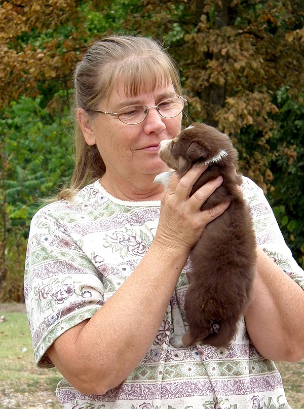 Faye Amos holds up a 3-week-old border collie puppy.