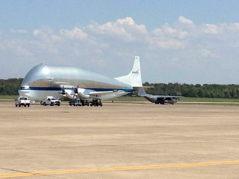 A NASA Super Guppy lands at the Little Rock Air Force Base in Jacksonville on Wednesday, Aug. 22, 2012.