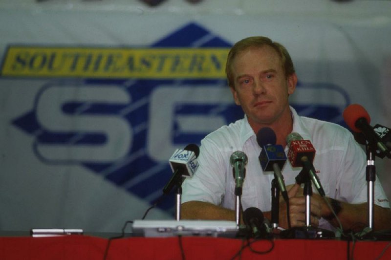 Former Arkansas Coach Jack Crowe speaks to reporters during the Razorbacks’ media day in 1992. Crowe, who brings Jacksonville State to Reynolds Razorback Stadium on Saturday, was fired by former Athletic Director Frank Broyles one game into his third season, a 10-3 loss to The Citadel. 