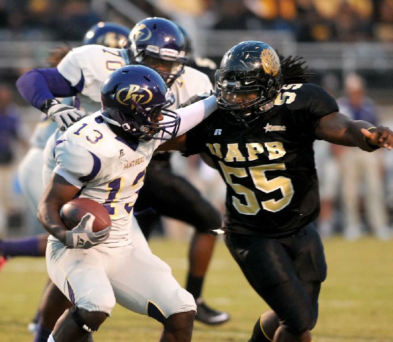UAPB defensive end Brandon Thurmond (55), shown during a 2010 game, has 15 career sacks with the Golden Lions. 
