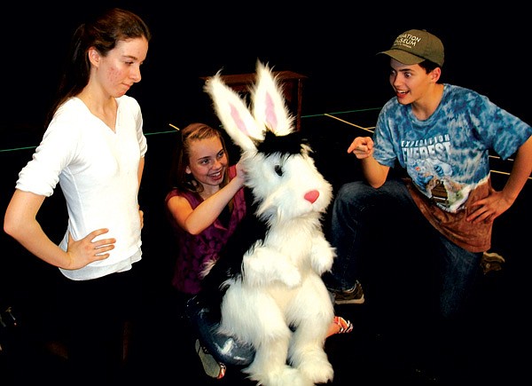 The Cat (Alison Stricklen, left) and the Dog (Matthew Gates, right) don’t know what to make of the new — and possibly evil — rabbit that’s come to their house to live. Sophie Scaccia is the puppeteer bringing “Bunnicula” to life this weekend at the Arts Center of the Ozarks in Springdale. 