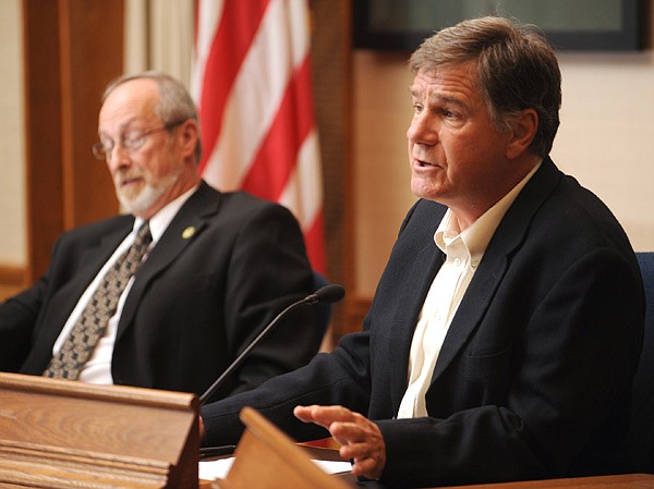 Fayetteville mayoral candidates Lioneld Jordan, left, and Dan Coody participate Wednesday in a debate hosted by the League of Women Voters of Washington County at the city administration building.
