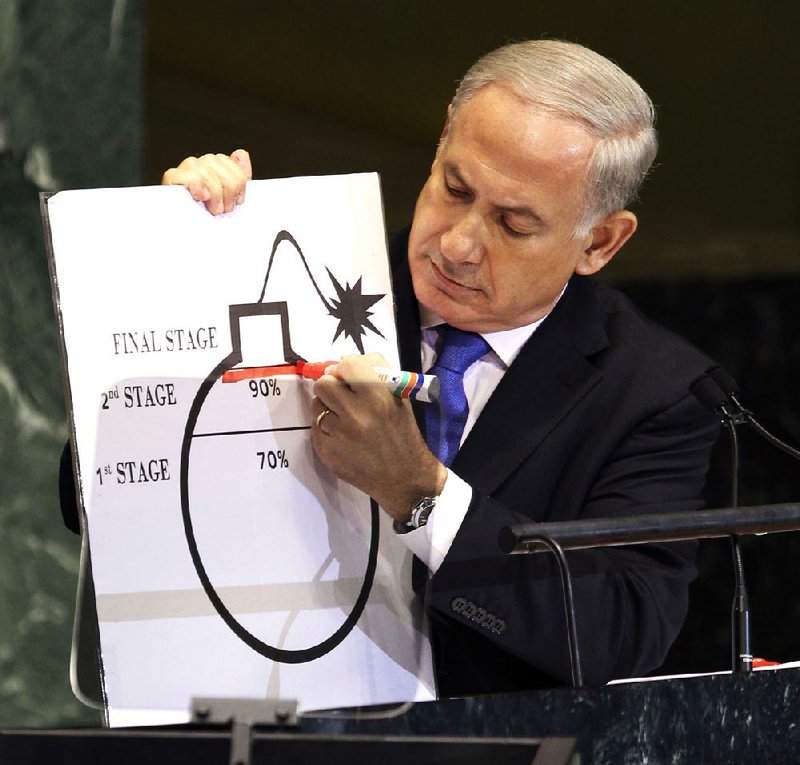 Addressing the U.N. General Assembly on Thursday in New York, Israeli Prime Minister Benjamin Netanyahu uses an illustration to highlight his concerns over Iran’s progress in developing a nuclear weapon. 