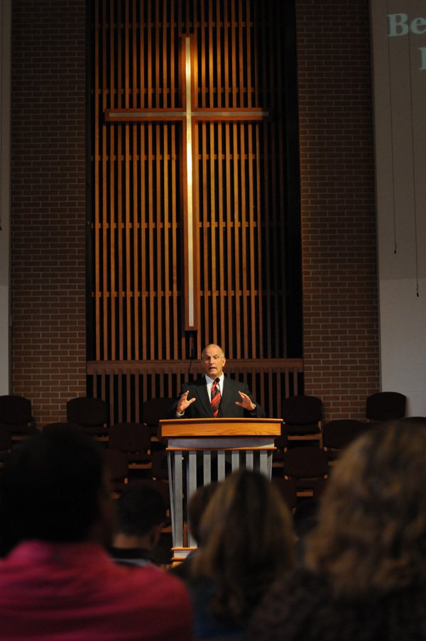 Alan Duncan, a missionary from South Africa, preaches at First Baptist Church in Fayetteville on Sunday. Duncan serves through the International Mission Board of the Southern Baptist Convention. 