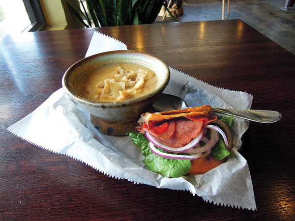As much as possible is prepared on-site at tanglewood branch, including the beer-cheese soup (above) and the
hummus with marinated vegetables.