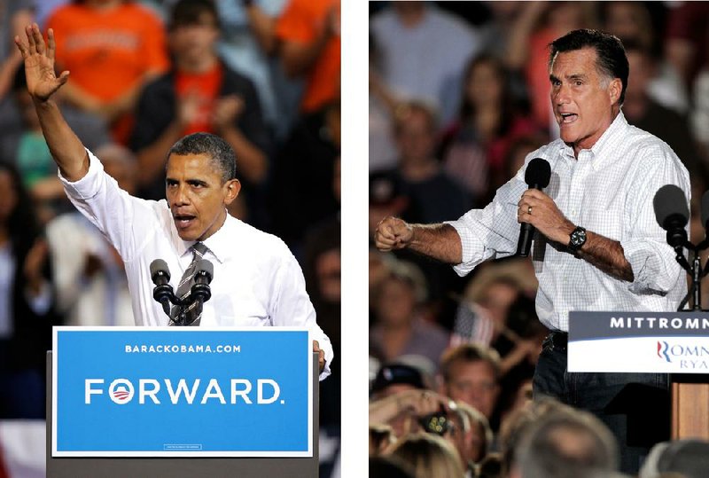 In these Sept. 26, 2012, file photos, President Barack Obama and Republican presidential candidate Mitt Romney both campaign in the battleground state of Ohio. 