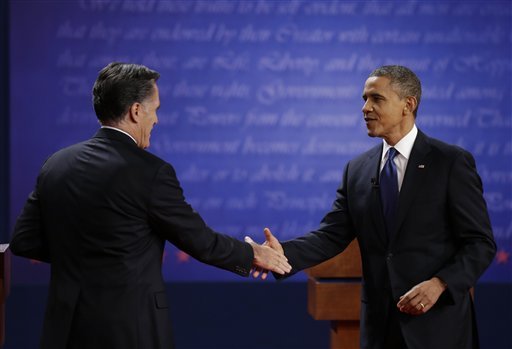 President Barack Obama, right, shakes hands with Republican presidential nominee Mitt Romney after the first presidential debate at the University of Denver, Wednesday, Oct. 3, 2012, in Denver.