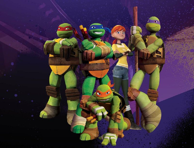 Our heroes in Teenage Mutant Ninja Turtles are Michelangelo (kneeling) and (standing from left) Raphael, Leonardo, April and Donatello. 