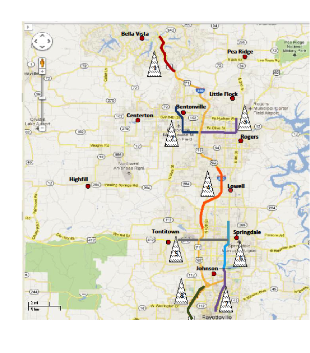 A map showing sections of road studied by the Texas A&M Transportation Institute.