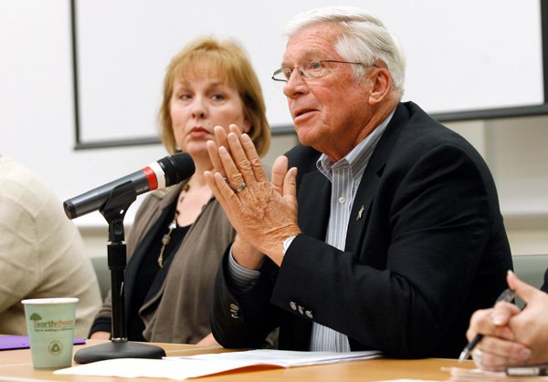 Gene Drake with the Benton County Sheriff’s Office speaks Wednesday, during the NWA Community Forum on Mental Health and Criminal Justice in the Mercy Medical Center auditorium in Rogers. The program, sponsored by the Benton County Bar Association and the University of Arkansas’ Counselor Education Program, was moderated by Circuit Judge Jon Comstock.