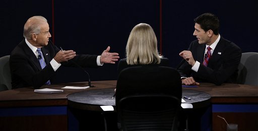 Vice President Joe Biden and Republican vice presidential nominee Rep. Paul Ryan of Wisconsin spar during the vice presidential debate at Centre College, Thursday, Oct. 11, 2012, in Danville, Ky. 